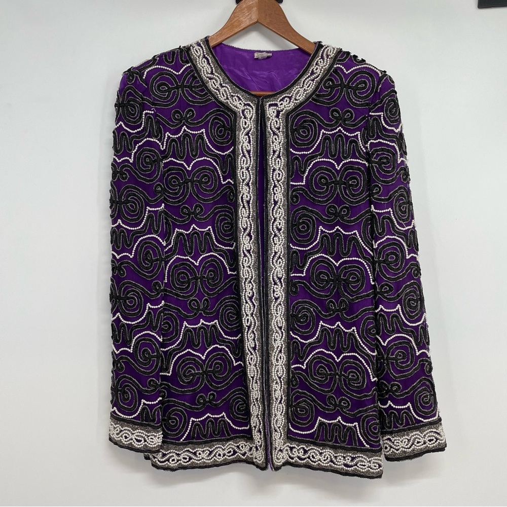 Vintage Womens Jacket Purple Size Medium Open Beaded With Patch Details Silk